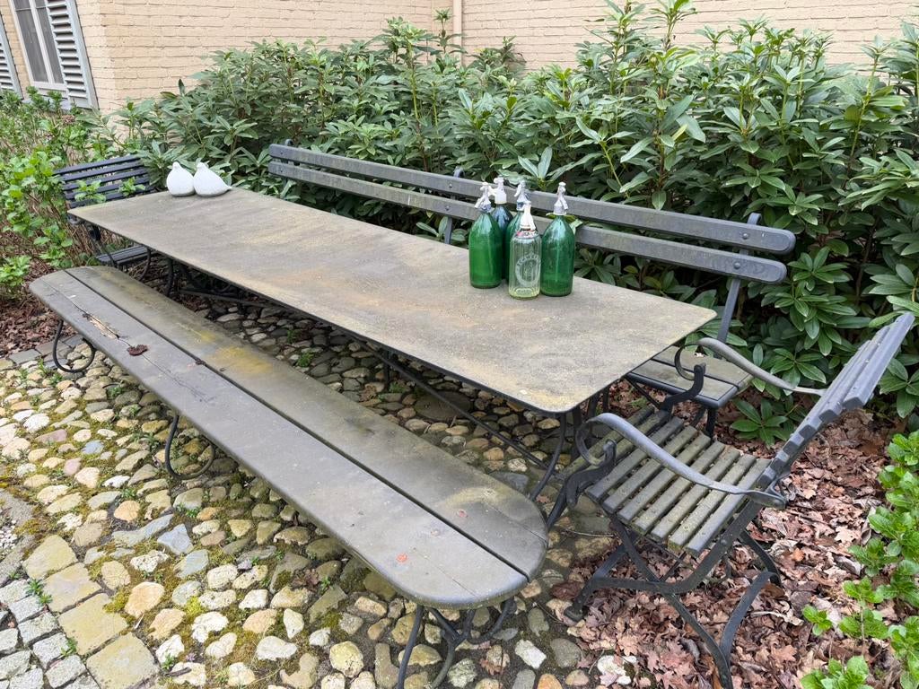 Gietijzeren icm houten tuinset, Tuin en Terras, Tuinsets en Loungesets, Zo goed als nieuw, Tuinset, Hout, Meer dan 8 zitplaatsen