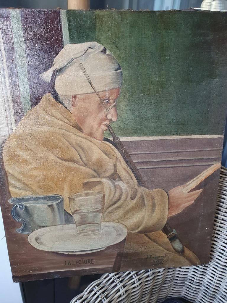 Vintage olieverfschilderij 'La Lecture' - J. Degoumois 1955, Antiek en Kunst, Kunst | Schilderijen | Klassiek, Ophalen of Verzenden