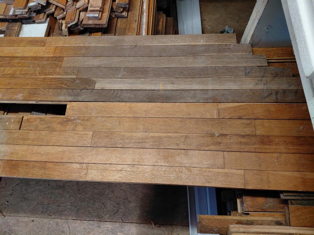Massief eikenhouten vloer - circa 40m2, Minder dan 10 cm, Gebruikt, 50 tot 150 cm, 10 m² of meer