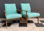 1965 Dolní Kralovice Set fauteuils groen wit opnieuw bekleed, Huis en Inrichting, Fauteuils, Ophalen, Hout, Gebruikt, Minder dan 75 cm