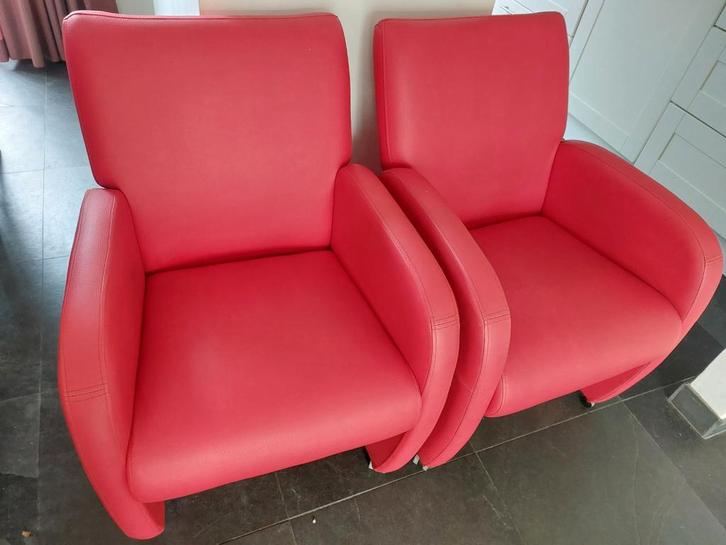 Rood leren fauteuils (set van 2), Huis en Inrichting, Fauteuils, Gebruikt, Leer, 50 tot 75 cm, 75 tot 100 cm, Ophalen