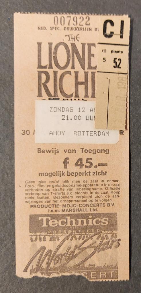 Lionel Richie TICKET CONCERT KAARTJE 1987 Ahoy Rotterdam, Verzamelen, Muziek, Artiesten en Beroemdheden, Gebruikt, Foto of Kaart