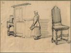 Johannes Bosboom houtskooltekening "Vrouw naast Reuzenstoel, Ophalen
