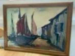 Schilderij : aan de haven, Ophalen of Verzenden, Zo goed als nieuw, Schilderij, Minder dan 50 cm