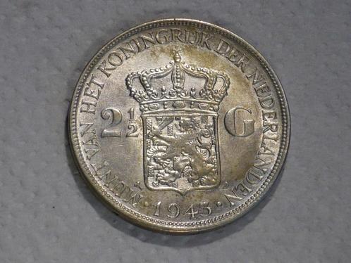 Prachtige schaars Nederlandse zilveren 2 1/2 gulden, 1943D., Postzegels en Munten, Munten | Nederland, Losse munt, 2½ gulden, Koningin Wilhelmina
