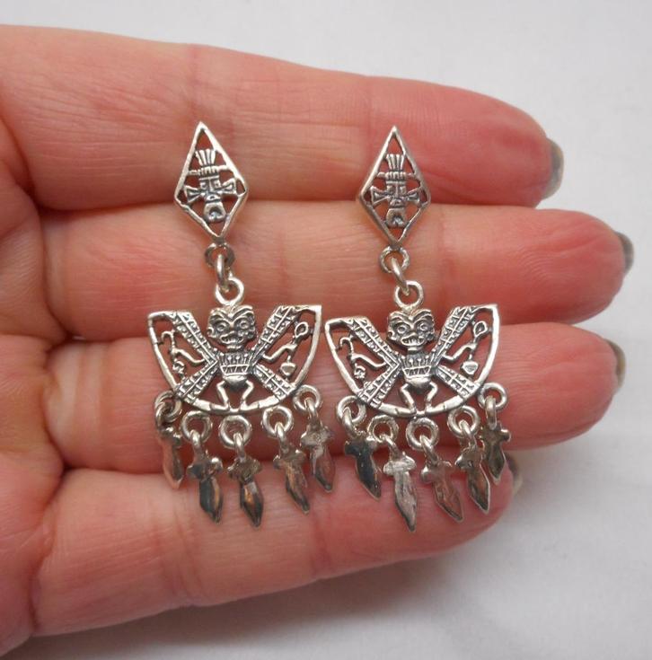 Mooie zilveren vintage Peruaanse oorbellen nr.1756, Sieraden, Tassen en Uiterlijk, Oorbellen, Zo goed als nieuw, Hangers, Zilver