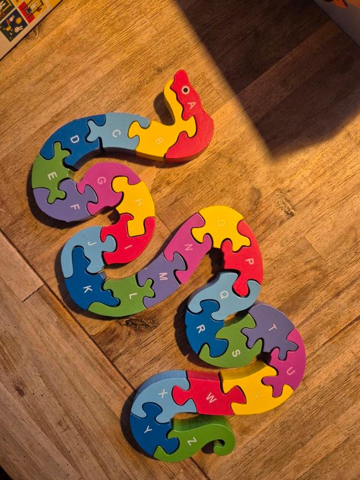 Houten Slangenpuzzel met letters, Kinderen en Baby's, Speelgoed | Kinderpuzzels, Gebruikt, 2 tot 4 jaar, Meer dan 50 stukjes, Van hout