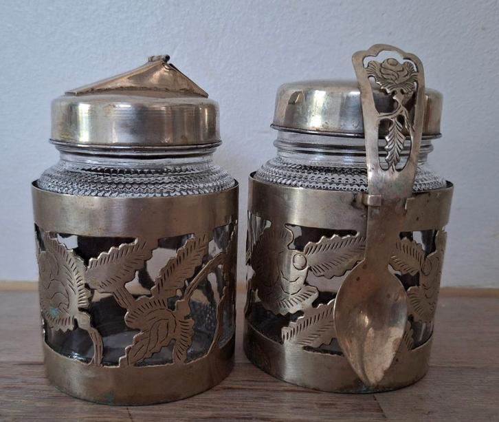 Antieke Honing en Jampot in verzilverde houders, Antiek en Kunst, Antiek | Goud en Zilver, Ophalen of Verzenden