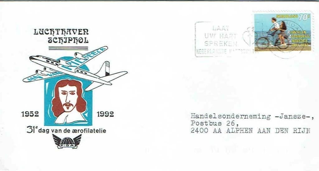 Nederland 1992 D41 Dag van de AeroFilatelie 31e Vliegtuig, Postzegels en Munten, Brieven en Enveloppen | Nederland, Verzenden