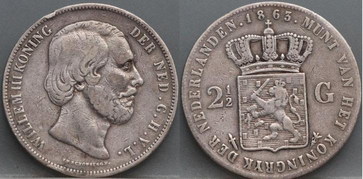 Zilveren rijksdaalder 1863 - 2 1/2 gulden 1863 ZELDZAAM, Postzegels en Munten, Munten | Nederland, Losse munt, 2½ gulden, Koning Willem III