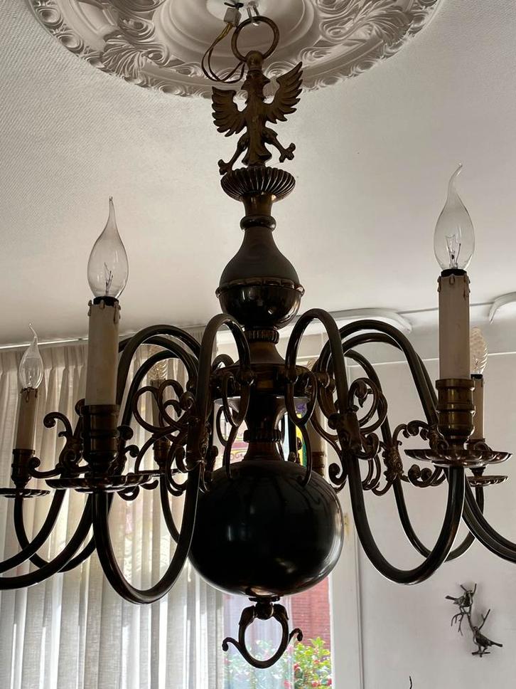 Koperen Hanglamp met 10 Armaturen, Huis en Inrichting, Lampen | Kroonluchters, Gebruikt, Metaal, Ophalen