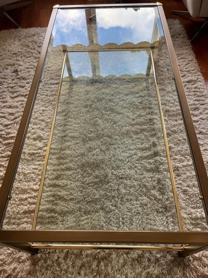 Salontafel glas/messing (Belgo Chrom stijl) – 2 etages, Huis en Inrichting, Tafels | Salontafels, Gebruikt, Minder dan 50 cm, 50 tot 100 cm