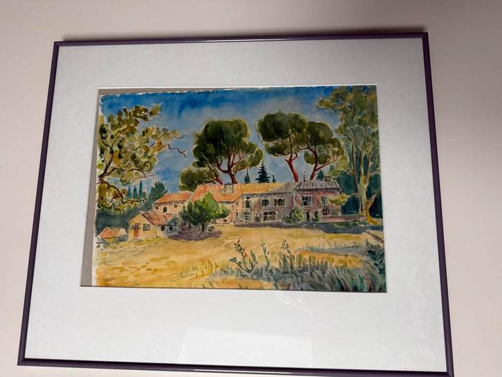 Aquarel Frans Landschap in Lijst, Antiek en Kunst, Kunst | Tekeningen en Foto's, Ophalen of Verzenden