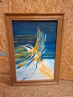 Mooi groot schilderij ijsvogel in houten lijst, Ophalen of Verzenden