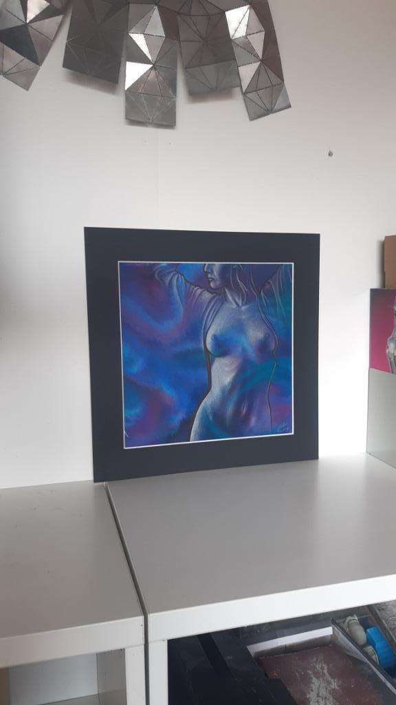 originele aquarel kunst model vrouw naakt blauw zilver, Antiek en Kunst, Kunst | Schilderijen | Klassiek, Ophalen of Verzenden