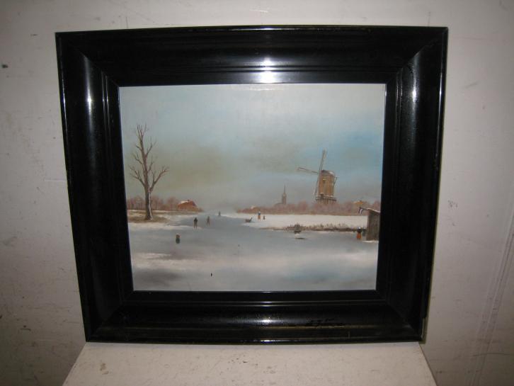 Schaatsers in winters landschap, 55x48, Antiek en Kunst, Kunst | Schilderijen | Abstract