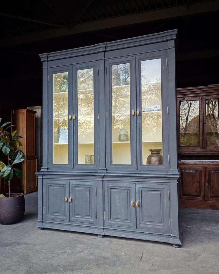 Hoge franse vitrinekast | Buffetkast blauw, antraciet  #2398, Huis en Inrichting, Kasten | Vitrinekasten, Gebruikt, 200 cm of meer