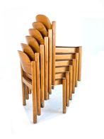Partij 33 vintage plywood stapelstoelen, Wiesner Hager ‘80, Huis en Inrichting, Gebruikt, Bruin, Ophalen of Verzenden, Vintage retro buisframe design rotan webbing papercord