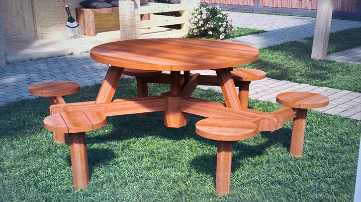 Hardhouten picknicktafel geolied 6 persoons, Tuin en Terras, Picknicktafels, Nieuw, Rond, Hout, Ophalen