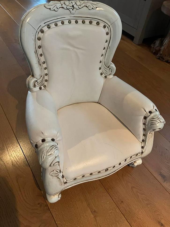 Vintage Kinderstoeltje Leer & Hout, Huis en Inrichting, Stoelen, Gebruikt, Eén, Hout, Wit, Ophalen of Verzenden