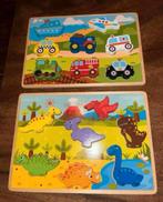 Puzzel hout 2 stuks ‘dino’s en voertuigen’, Ophalen of Verzenden, Zo goed als nieuw, Van hout, Minder dan 10 stukjes