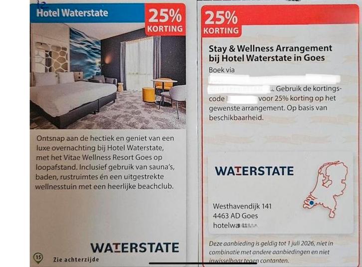 Kortingsbon Hotel Waterstate (KWF), Tickets en Kaartjes, Kortingen en Cadeaubonnen, Twee personen, Kortingsbon, Arrangement