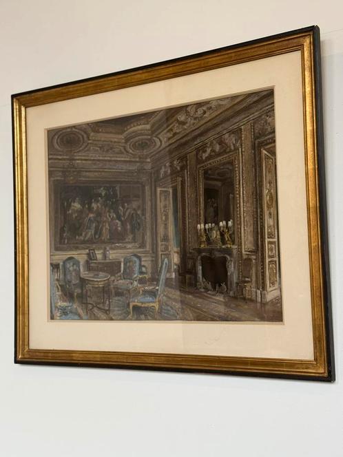 Pastel krijt Interieur Chateau, Antiek en Kunst, Kunst | Tekeningen en Foto's, Ophalen