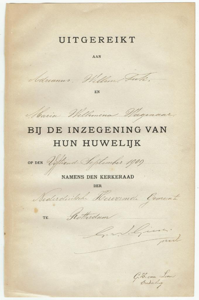 Blad uitreiking huwelijksbijbel de Rijcke en van Steyn 1910., Verzamelen, Religie, Gebruikt, Christendom | Protestants, Overige typen