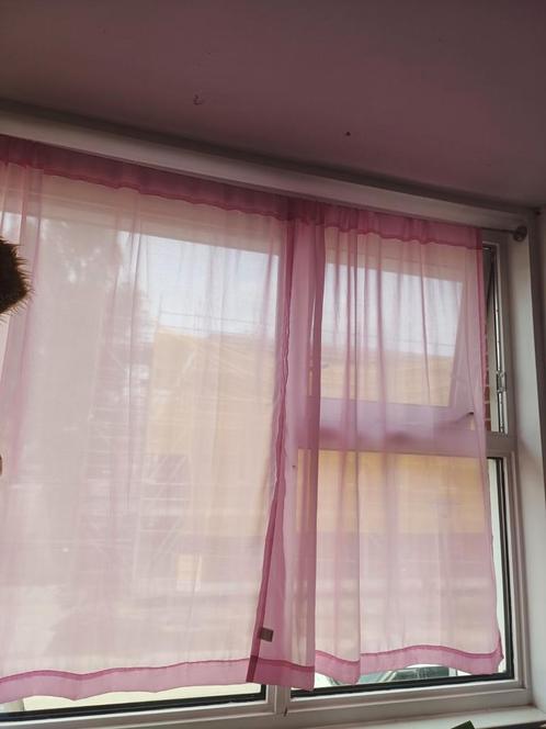 4 roze vitrage gordijntjes, Huis en Inrichting, Stoffering | Gordijnen en Lamellen, Gebruikt, Minder dan 100 cm, Ophalen of Verzenden
