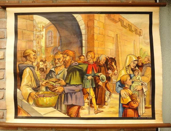 Oude schoolplaat oude stadspoort met voedsel verstrekking, Antiek en Kunst, Antiek | Schoolplaten, Geschiedenis, Ophalen of Verzenden