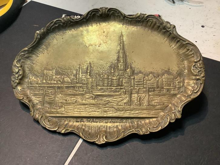 Antiek messing wandbord - La Rade D'Anvers, Antiek en Kunst, Antiek | Schalen, Ophalen of Verzenden