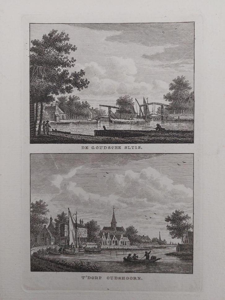 124-125 Goudsche Sluis en Dorp Oudshoorn Gravure J. Bulthuis, Antiek en Kunst, Kunst | Etsen en Gravures, Ophalen of Verzenden