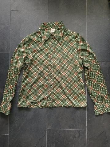 Vintage jaren 70 puntkraag groen rood bruin geruit blouse M beschikbaar voor biedingen