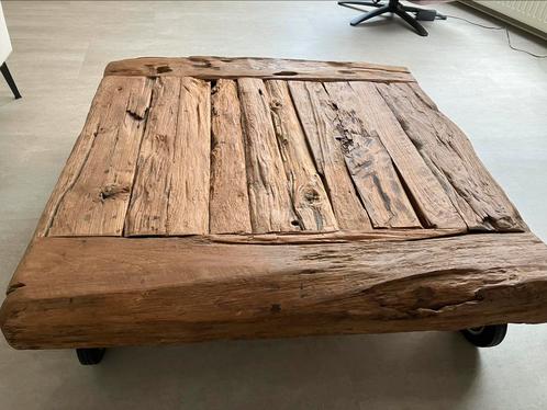 Schitterende stoere houten robuuste salontafel, Huis en Inrichting, Tafels | Salontafels, Zo goed als nieuw, 75 cm of meer, Rechthoekig