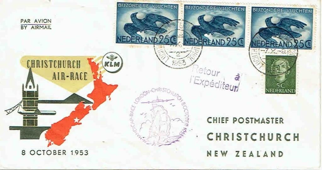 Nederland D17 KLM Airrace Christchurch New Zealand Landkaart, Postzegels en Munten, Verzenden, Envelop
