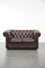 Donkerbruine rundleren vintage 2-zits chesterfield bank, Huis en Inrichting, Ophalen, Gebruikt, ., 150 tot 200 cm