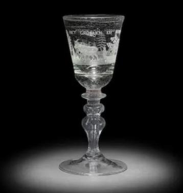 Wijnglas, gegraveerd, c1730, Nederlands, 22.9 cm, Unica beschikbaar voor biedingen