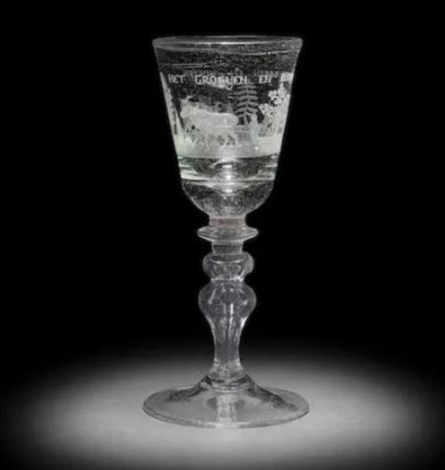 Wijnglas, gegraveerd, c1730, Nederlands, 22.9 cm, Unica, Antiek en Kunst, Antiek | Glas en Kristal, Ophalen of Verzenden