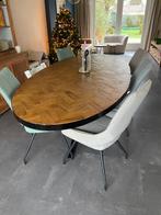 Ovale eettafel teak visgraat 240 kruispoot, Huis en Inrichting, Tafels | Eettafels, Ophalen, Gebruikt, 100 tot 150 cm, Teakhout