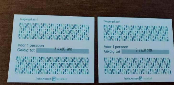 2 Toegangskaarten Textielmuseum Tilburg, Tickets en Kaartjes, Musea, Drie personen of meer, Ticket of Toegangskaart