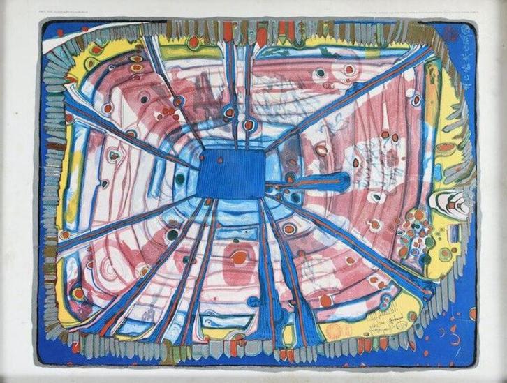 Hundertwasser(1928)Kl Druk"Rain of Blood is falling in Gard", Antiek en Kunst, Kunst | Litho's en Zeefdrukken, Ophalen of Verzenden