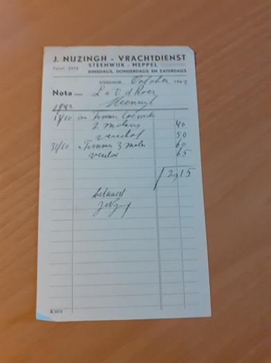Steenwijk vrachtdienst Nijzingh factuur 1942 transport, Verzamelen, Ophalen of Verzenden, Zo goed als nieuw