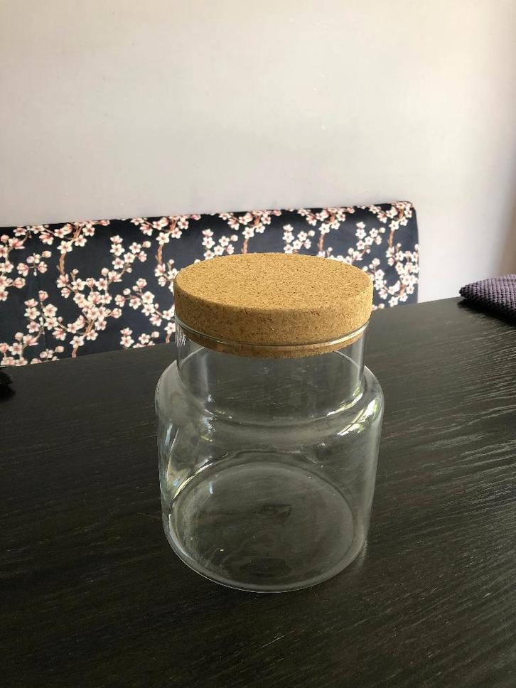 Glazen pot met deksel van kurk, vaas, handgemaakt z.g.a.n., Huis en Inrichting, Woonaccessoires | Vazen, Zo goed als nieuw, Overige kleuren