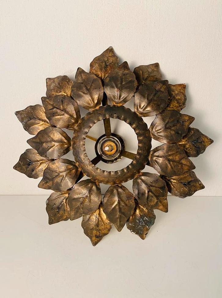 Vergulde florale wandlamp / plafondlamp , jaren 60, Huis en Inrichting, Lampen | Wandlampen, Gebruikt, Metaal, Ophalen of Verzenden