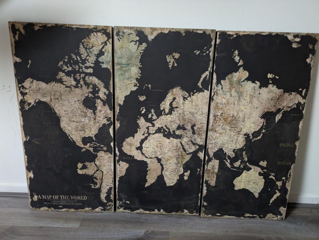 Drieluik Landkaart Schilderij Decoratie, Huis en Inrichting, Woonaccessoires | Wanddecoraties, Ophalen, Gebruikt