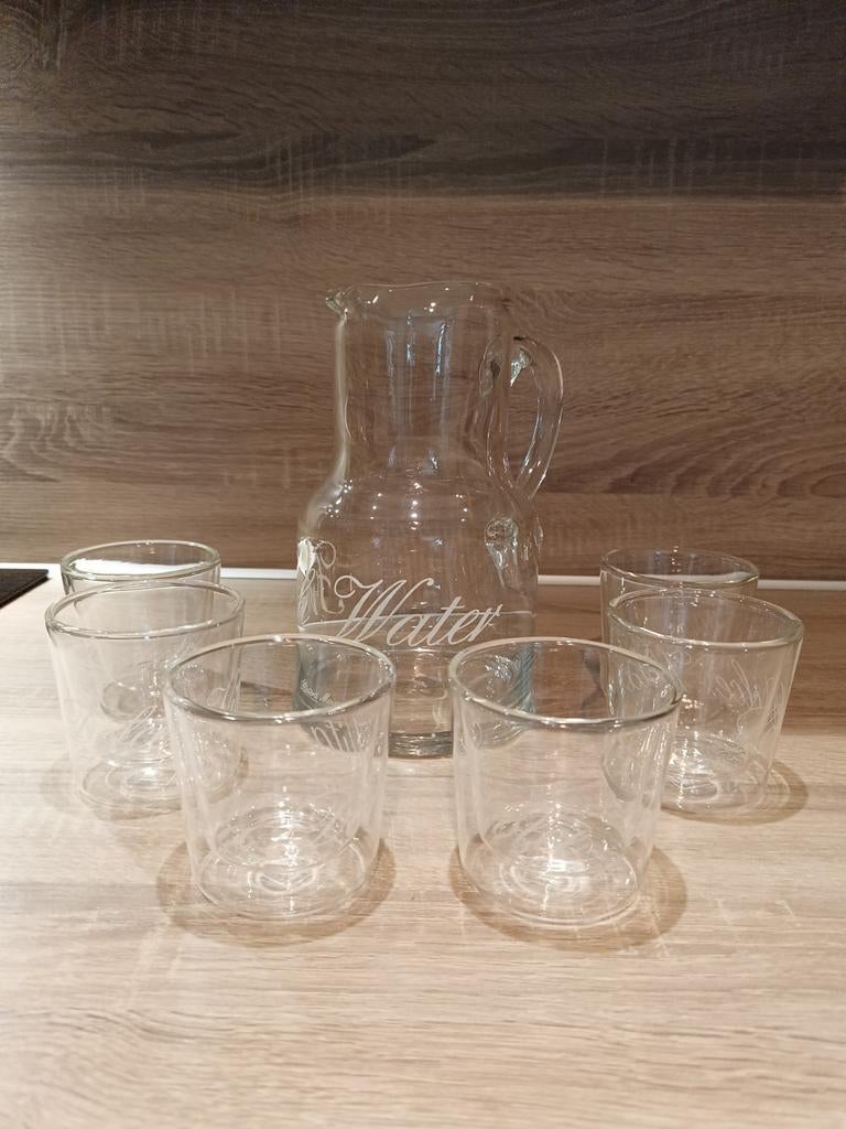 Riviera Maison Waterkan + 6 Glazen - Nieuwstaat, Ophalen, Glas of Glazen, Overige stijlen, Glas