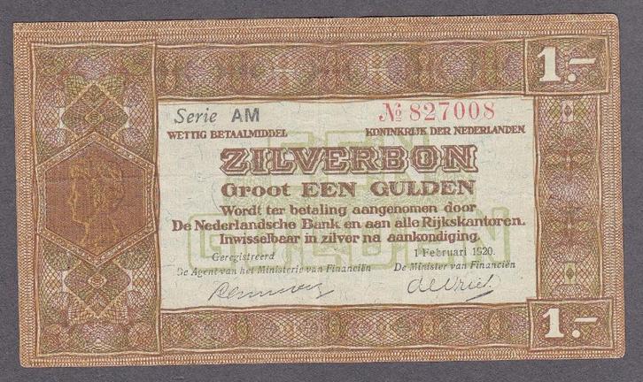 Zilverbon - 1 GULDEN 1.2.1920 ZF/P - AV3.1b, P15, Postzegels en Munten, Bankbiljetten | Nederland, Los biljet, 1 gulden, Verzenden