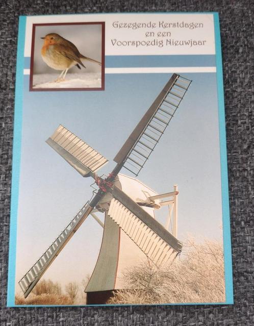 Kerst kaart molen en roodborstje. Gezegende kerstdagen., Diversen, Wenskaarten, Zo goed als nieuw, Ophalen of Verzenden
