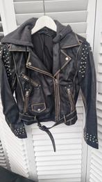 ZARA basic leren bikerjack met capuchon en studs zgan mt M, Verzenden, Zo goed als nieuw, Maat 38/40 (M), Zwart