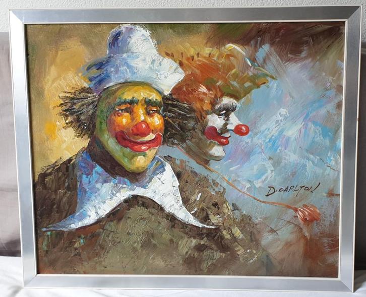 Prachtige schilderij van 2 clowns door D.Carlton., Antiek en Kunst, Kunst | Schilderijen | Klassiek, Verzenden